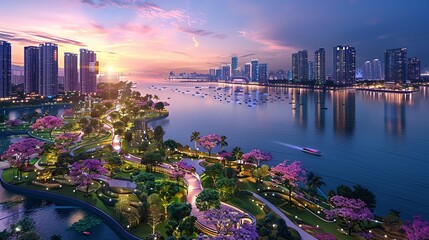 Cityscape of a modern city with a river running through the middle of it