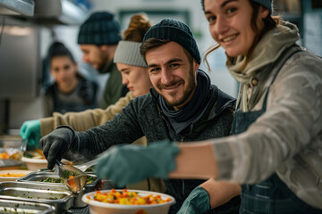 A group of friends volunteering at a local shelter, serving meals to the homeless and offering companionship and support, embodying the spirit of community and compassion.