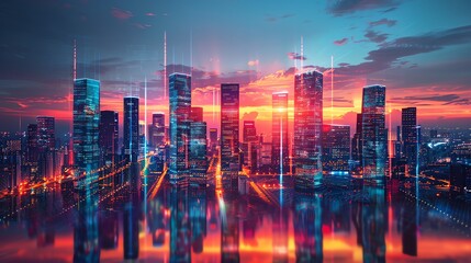 Fototapeta premium A digital painting of a cityscape at night. The colors are vibrant and the lights are glowing. The city is full of skyscrapers and the sky is a deep blue.