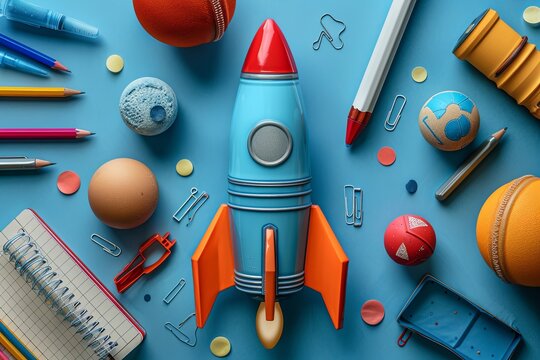 Toy rocket among school supplies on electric blue background