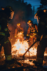 A group of firefighters in full gear standing around a blazing fire, discussing strategy and planning their approach to extinguish the flames