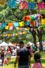 A diverse group of individuals walking together through a lush green park on a sunny day, enjoying the outdoors