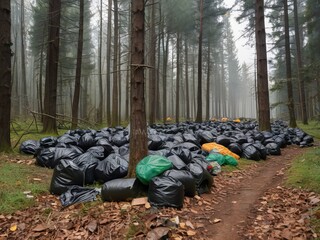 Black garbage bags in piles in the forest on the ground, a lot of garbage in nature, pollution