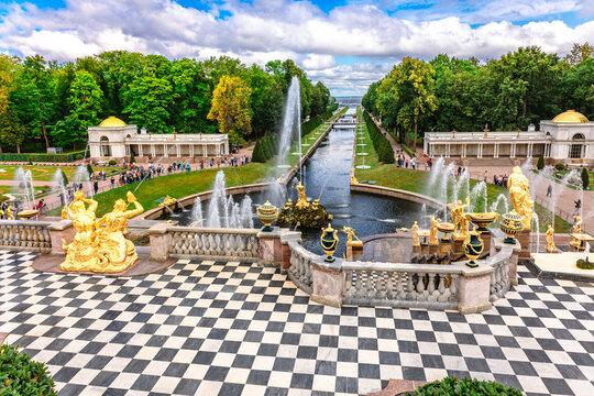St. Petersburg, Russia - August 23, 2023: Fountains of Peterhof. View of Grand Cascade from Grand Palace. Golden statues, Samson Fountain in Lower park of Petrodvorets