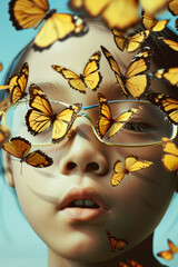 A young girl wearing glasses adorned with yellow butterflies on her face looks into the distance