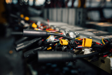 Close up view of electronic connectors. E-bike controllers at the storage rack. Controllers of the...