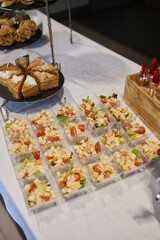 light snacks for the holiday, catering. Various light snacks. Catering plate. Assortment of sandwiches on the buffet table. meat, fish, vegetable canapes.