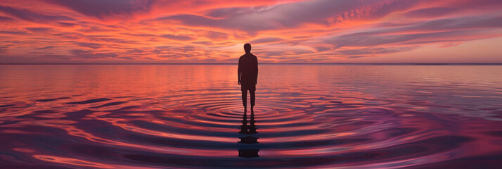 A person stands in the center of a vast body of water, surrounded by rippling waves under a cloudy sky