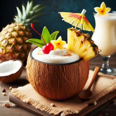 Tropical coconut cocktail with pineapple wedge, cherry and decorations for celebrations and parties