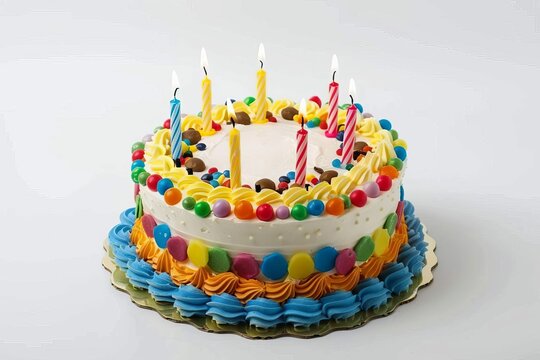 colorful birthday cake with lit candles isolated on white background celebration concept photo