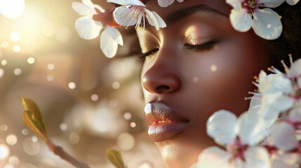 Fototapeta premium A woman with flowers in her hair is standing as the wind blows, causing her hair and the flowers to flutter around her
