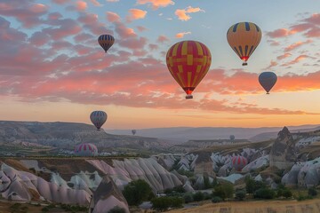 colorful hot air balloons flying over cappadocia landscape at sunrise turkey