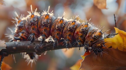 Detailed shot of a caterpillar on a branch, focusing on its segments and hairs, with a muted background of autumn leaves. - Powered by Adobe