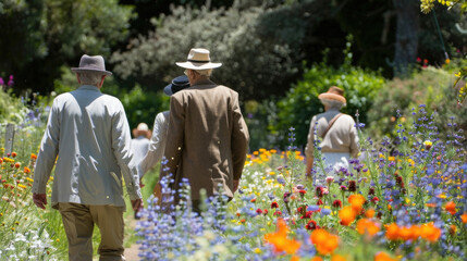 A group of individuals walking together through a vibrant field filled with colorful flowers on a sunny day
