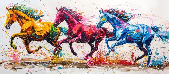 Three horses running colorful white background, paint splashes, oil painting, vibrant colors.