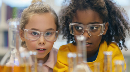 Two adolescent girls wearing glasses are examining test tubes closely in a laboratory setting - Powered by Adobe