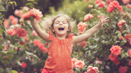 A young girl standing amidst a field of vibrant red roses, surrounded by natures beauty and colors
