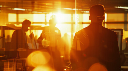 Background silhouetted professionals at workstations, Golden hour office, modern corporate setting Business success