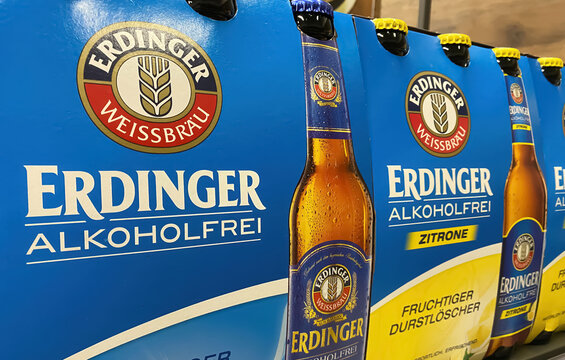 Viersen, Germany - May 9. 2024: Closeup of six packs Erdinger alcohol free beer in german store