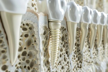 crosssection of healthy human teeth and dental implant 3d illustration