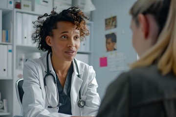 Attentive female doctor talks to a patient. Medicine and healthcare concept. Professional physician wearing white coat. Trust, help and medical consulting