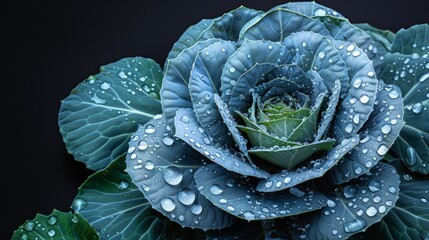 Fototapeta premium A tight shot of a blue flower, adorned with water droplets on its petals Nearby, a green foliage plant with lush, verdant leaves