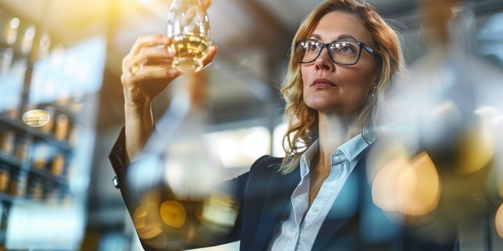 Female Master Distiller Examining the Quality and Aroma of Aged Whiskey in the Golden Glow of the Distillery, Generative AI