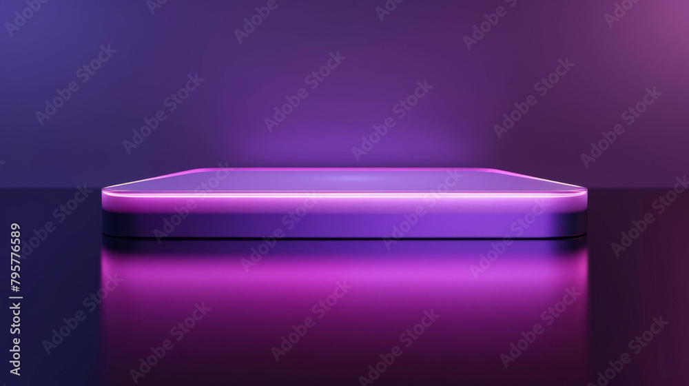 Poster elegant display stand with vibrant purple neon lighting for showcasing products in a dimly lit setti