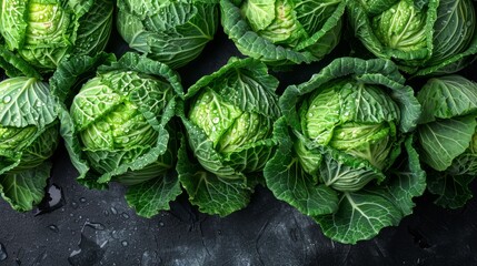 Fototapeta premium A black table holds two piles of green lettuce