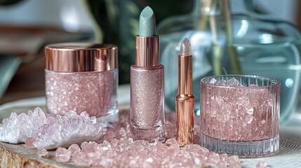 pink make up cream jar with pink crystals, lipstick, eye shadow.