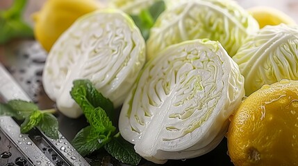 Obraz premium A cutting board holds a mound of cabbage and lemons A knife is nearby, along with lemon wedges