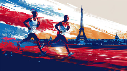 Obraz premium illustration in cartoon or icon style hand hold olympic torch Olympics in france paris with eiffel tower in background 