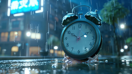 Midnight Rain. Alarm Clock in a Nocturnal City Shower