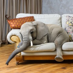 petit éléphant endormi sur un canapé confortable en image ia - obrazy, fototapety, plakaty