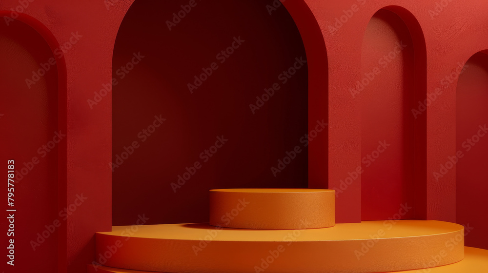 Poster Elegant 3d render of a red product podium with curving arches for showcasing items