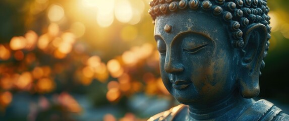 Buddha statue bathed in soft sunlight, creating a radiant glow. The bokeh background enhances the serene ambiance, with gentle light spots adding to the ethereal panorama. 