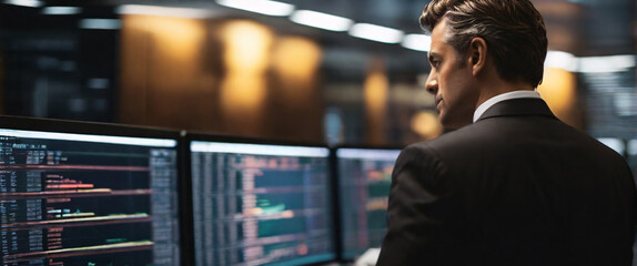 Fototapeta premium a businessman using a tablet to analyze complex data sets in real-time, with a digital interface overlaid onto the scene that highlights key insights and trends, using a mid-shot perspective
