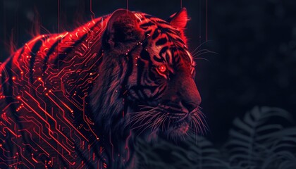 Tiger glowing in red, projected as a hologram 🔴🐅 The vivid red hues illuminate the tiger's silhouette, creating a mesmerizing display of light and form. This captivating visual merges the fierce