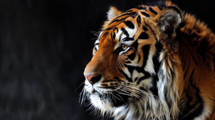   A tight shot of a tiger's intense face against a backdrop of absolute blackness Background features a soft, indistinct tiger image in blur