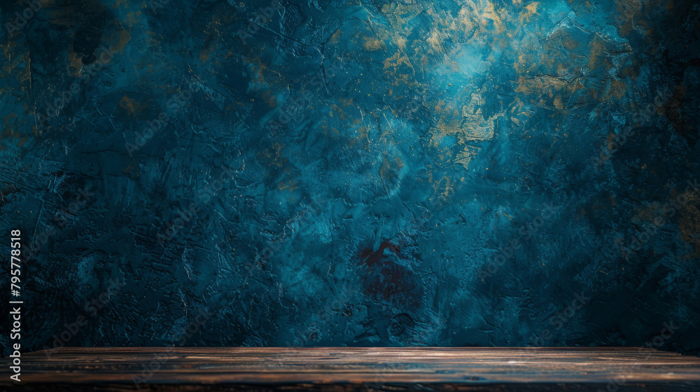 Poster ideal product display: empty wooden tabletop against a vibrant blue textured backdrop