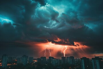 dramatic stormy sky with lightning over silhouette of cityscape weather concept