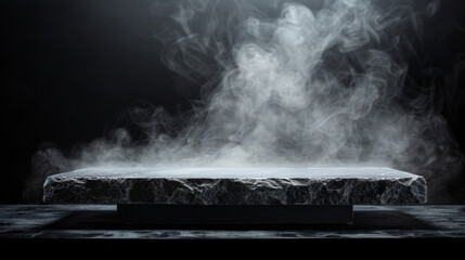 Elegant marble display stand shrouded in a smoky ambiance, ideal for showcasing products