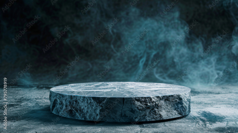 Poster Dark background with atmospheric smoke enveloping an empty stone podium