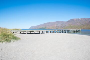 Holtsfjara pier and beach in Onundarfjordur in the Icelandic westfjords