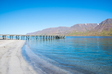 Holtsfjara pier and beach in Onundarfjordur in the westfjords of Iceland