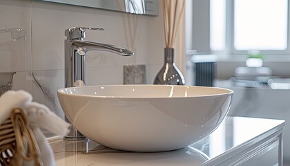 Fototapeta premium Close-up view of a modern white bathtub in a sleek bathroom setting. The smooth, minimalist design and clean lines suggest contemporary style and relaxation. This bathroom epitomizes simplicity and