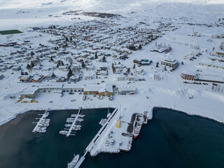 aerial view of port of Dalvik in Eyjafjordur in north Iceland
