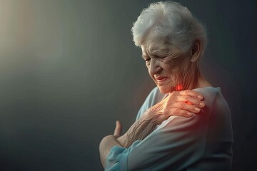 elderly woman rubbing her painful shoulder medical concept illustration