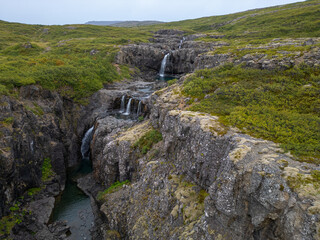 The river and waterfall of Thingmannaa in Vatnsfjordur in the westfjords of Iceland