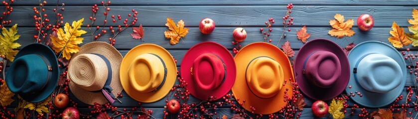 A colorful array of hats and autumnal decor on a wooden backdrop